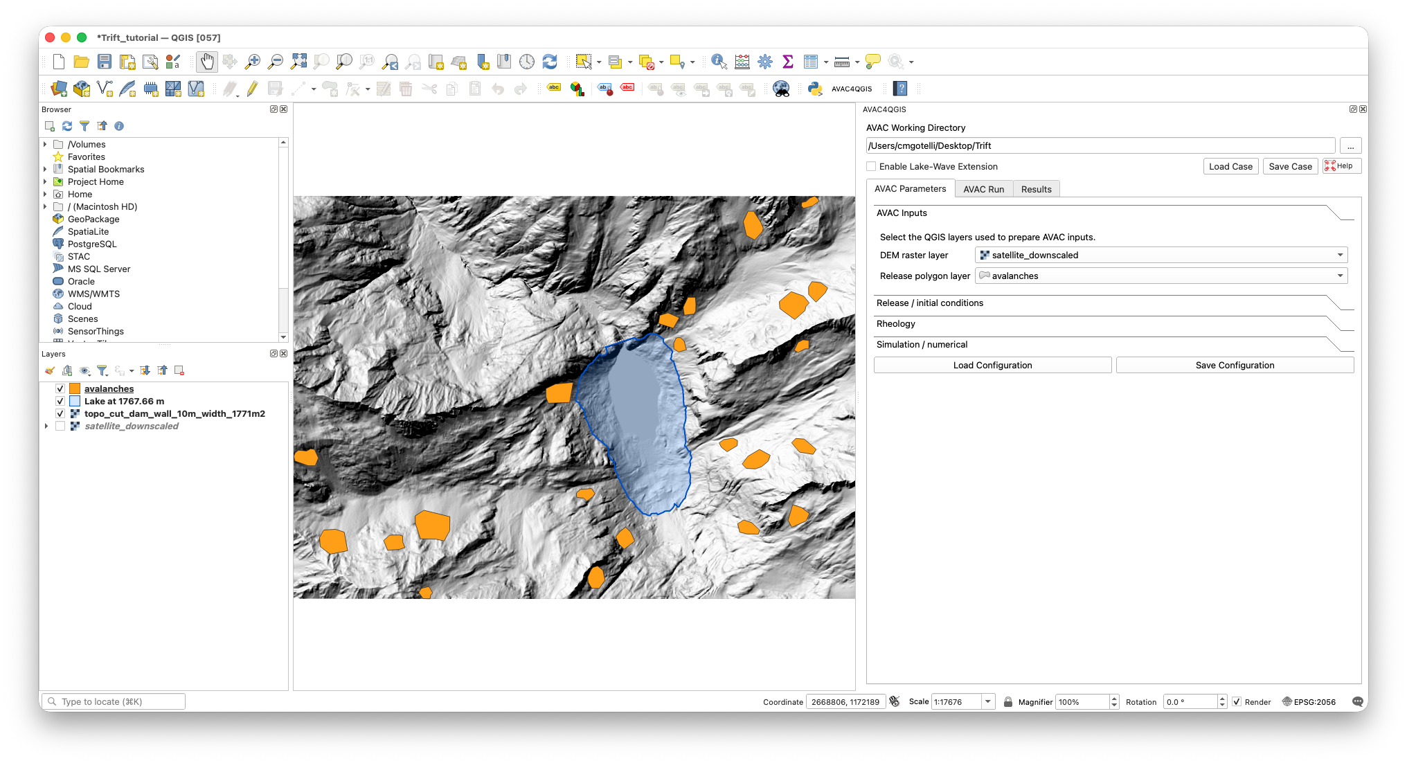 AVAC4QGIS interface in QGIS, showing terrain, avalanche-release polygons, a reservoir and dam, and the AVAC input controls