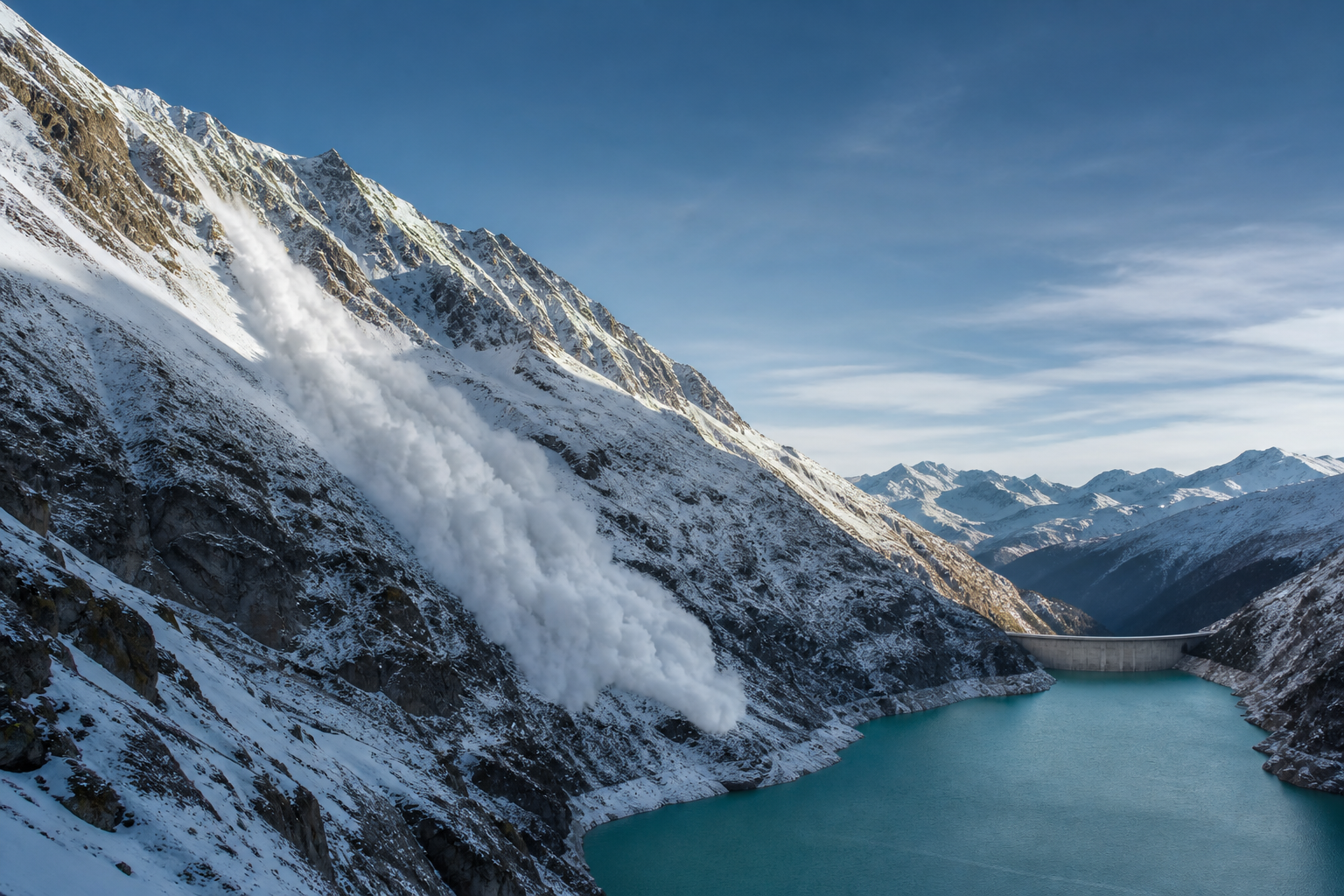 Snow avalanche descending toward an Alpine reservoir and dam