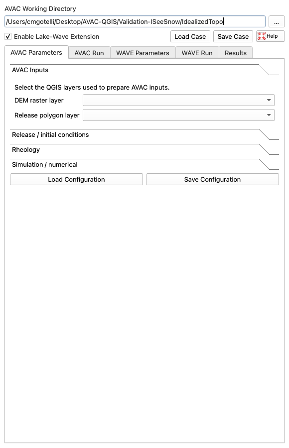 AVAC4QGIS interface with AVAC, WAVE, and Results workflow tabs