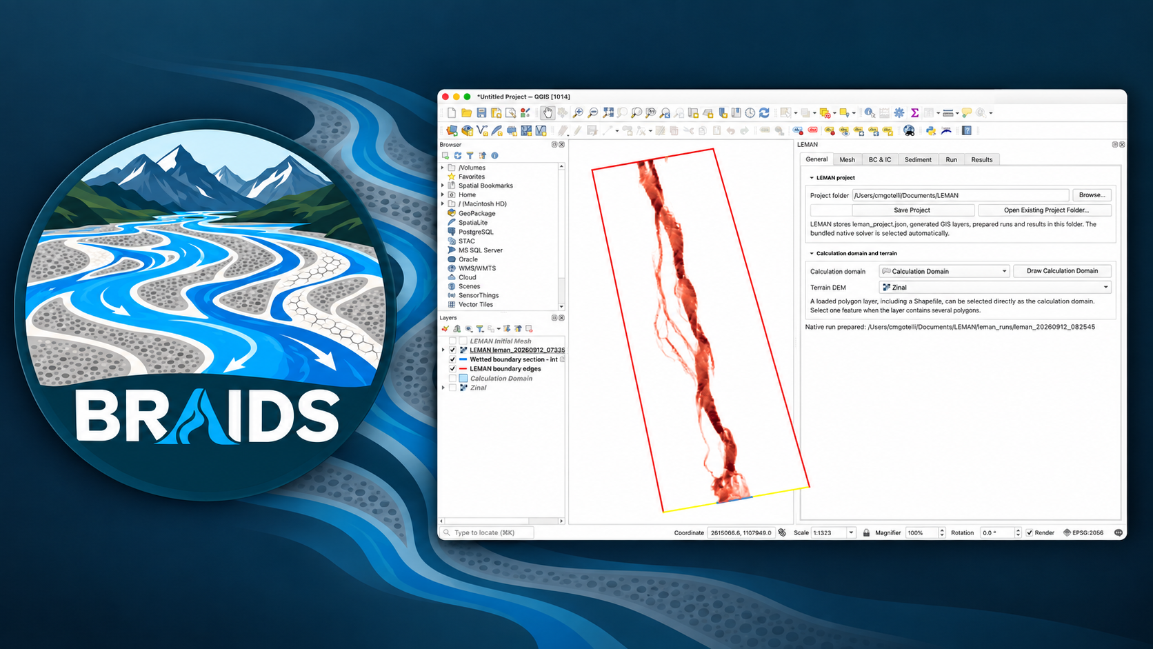 BRAIDS logo beside the QGIS modelling interface, showing a steep river terrain and calculation domain